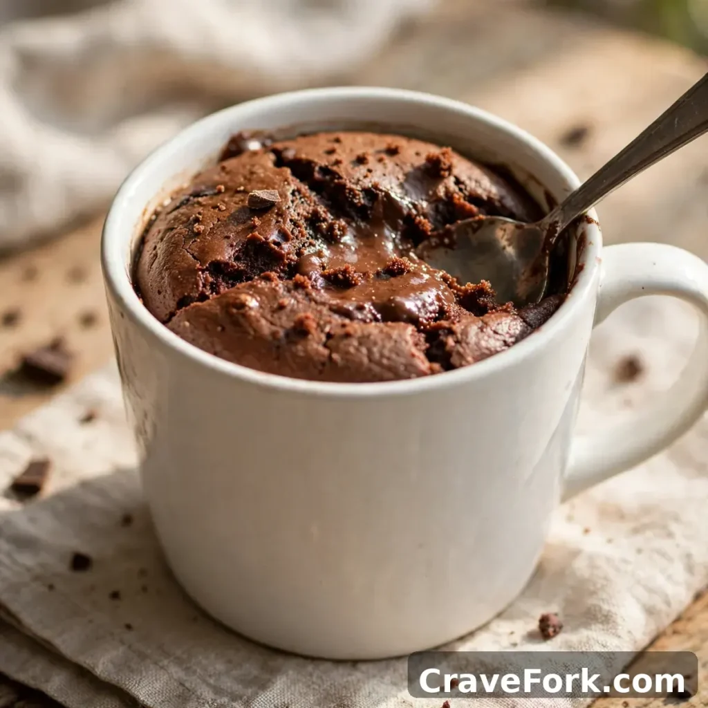 Finished soft chocolate mug cake in a mug with a spoon.