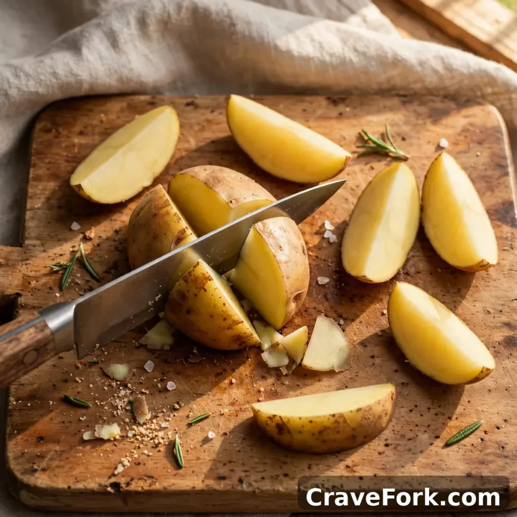 Cutting potatoes into wedges on a cutting board.
