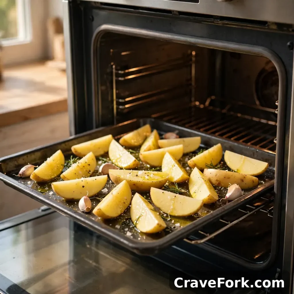 Potato wedges spread on a baking tray ready for the oven.