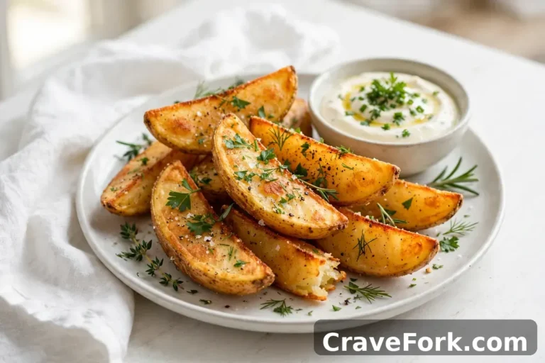 Crispy potato wedges on a plate with dip.