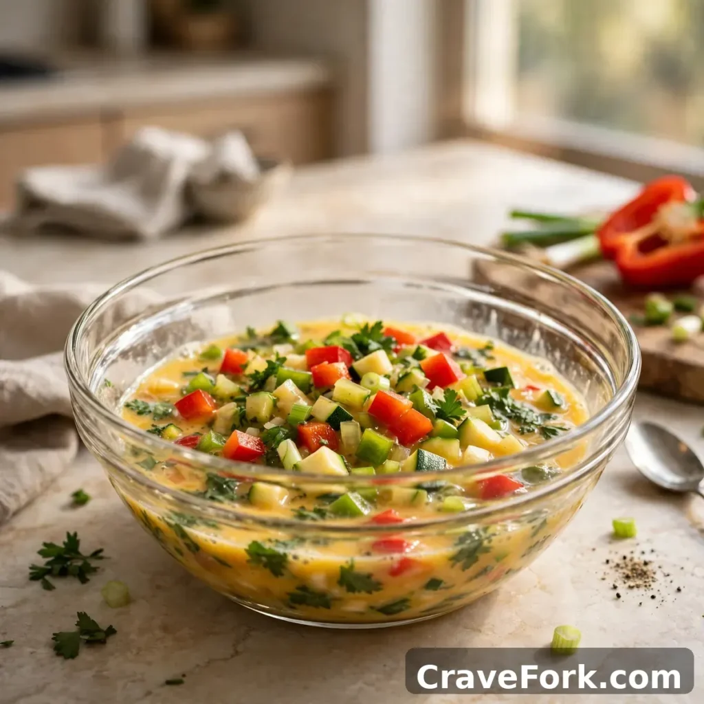 Chopped vegetables mixed with beaten eggs in a bowl for the vegetable omelette.