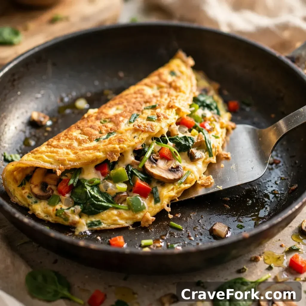 Folding a vegetable omelette in a frying pan with a spatula.