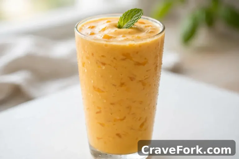 Mango lassi in a tall glass with a mint leaf.