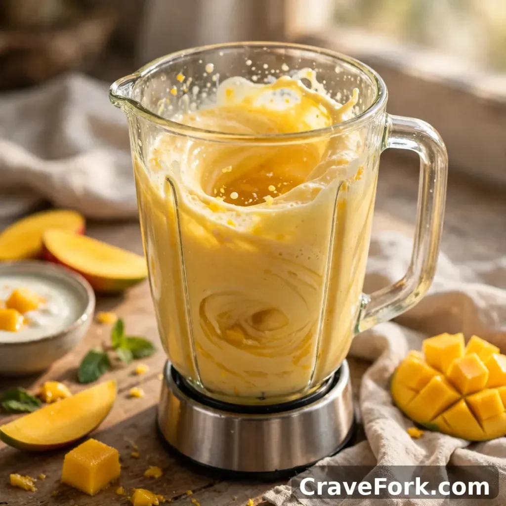 Blending mango lassi in a blender jar.