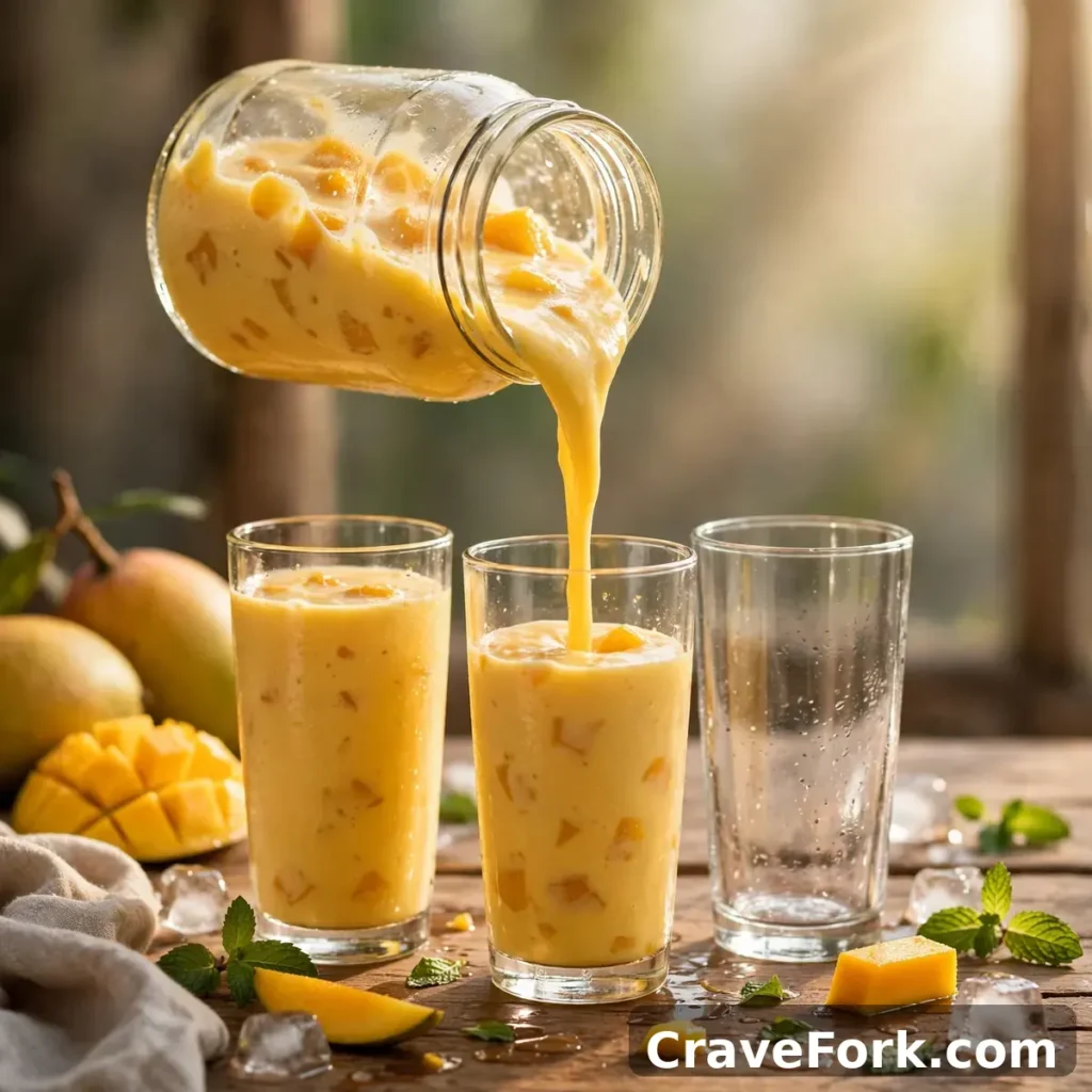 Pouring mango lassi from a jar into tall glasses.