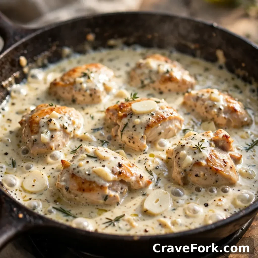 Creamy garlic sauce simmering in a pan with chicken.