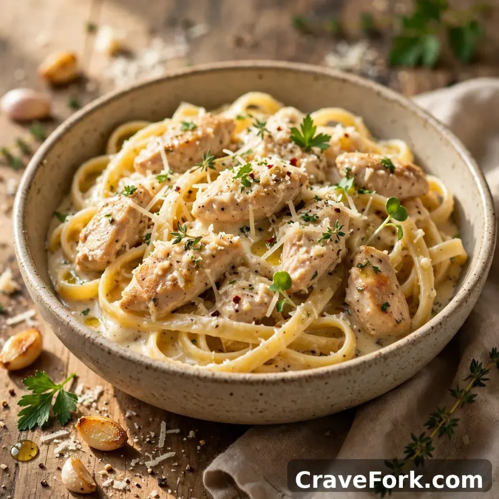 One-pan creamy garlic chicken pasta plated in a bowl.