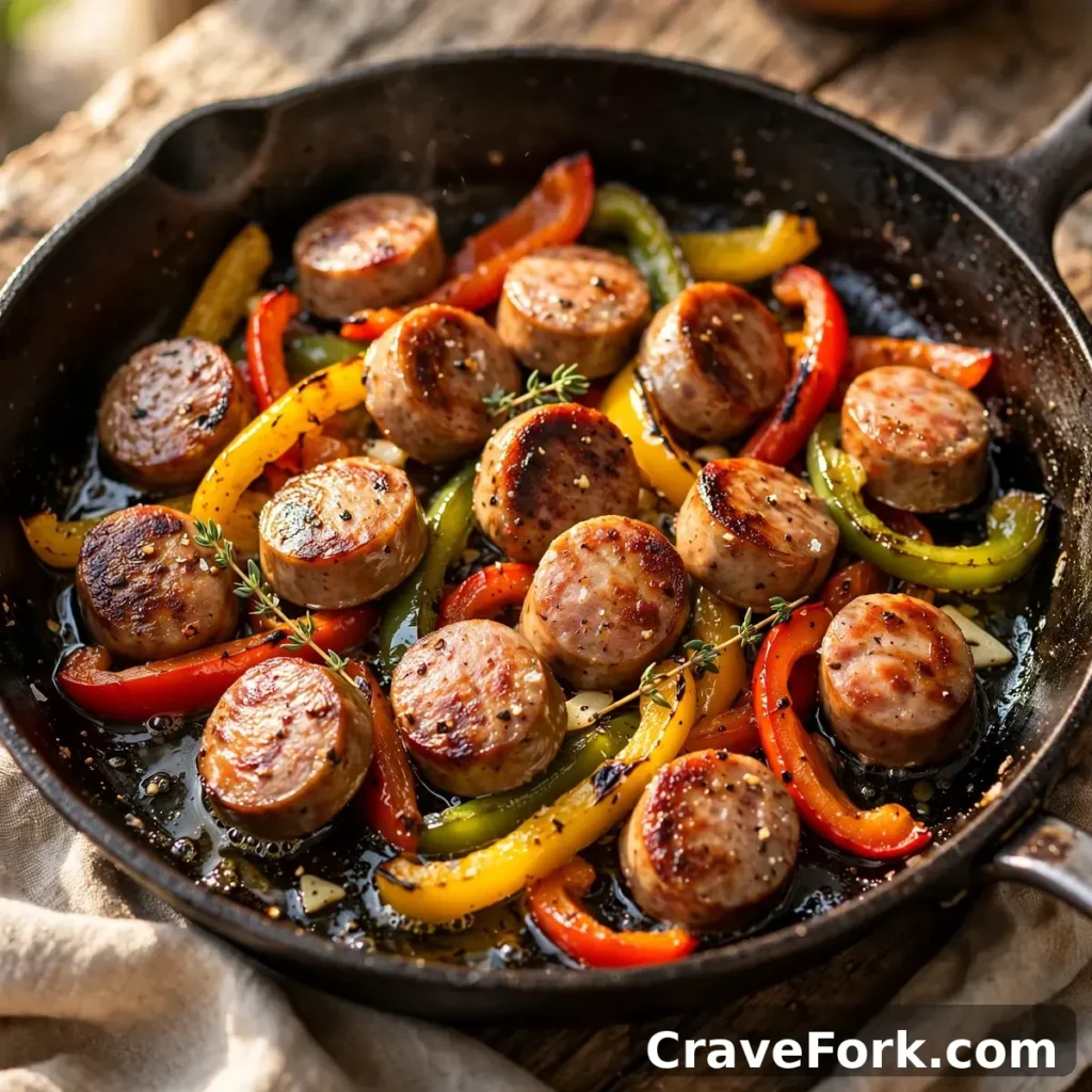 Sausage slices and bell peppers cooking in a skillet.