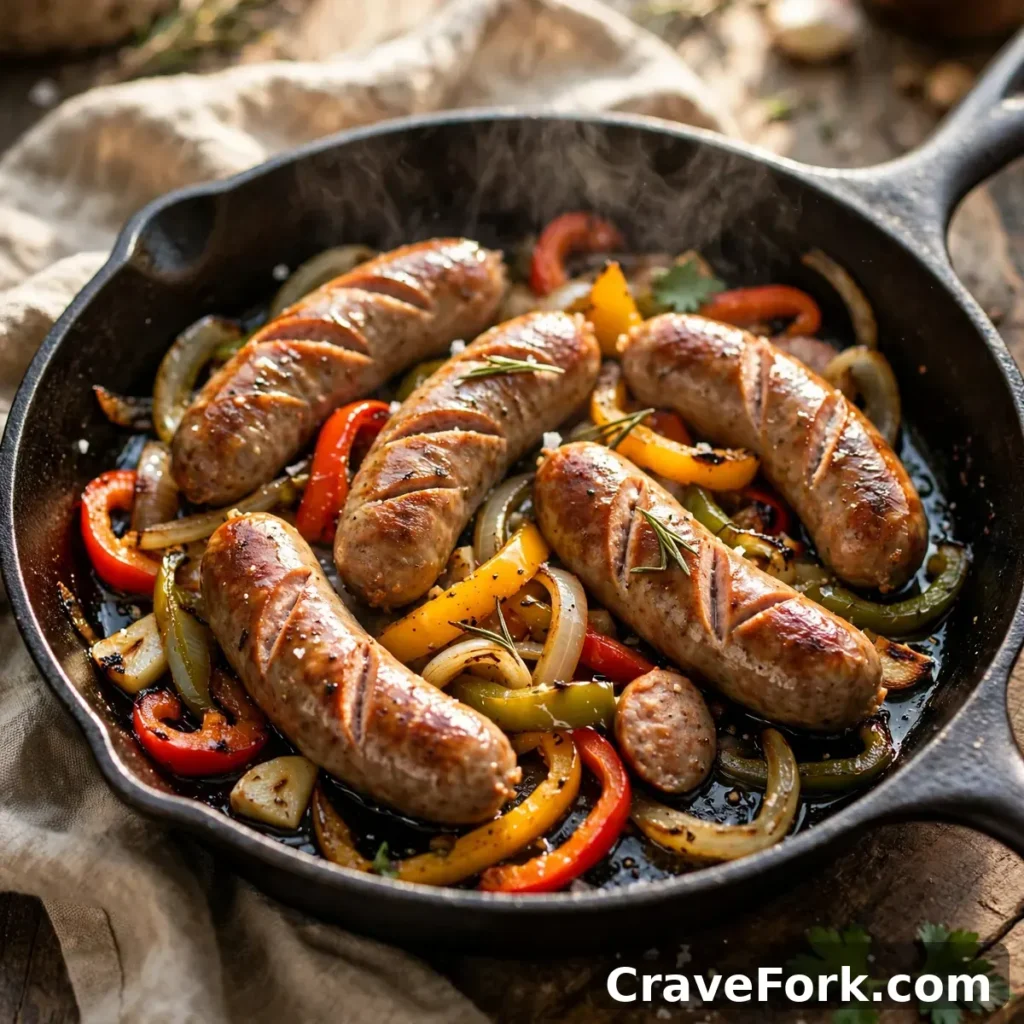 One-pan sausage and peppers served hot in the skillet.
