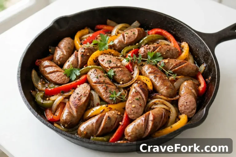Sausage and peppers skillet with sliced sausages, bell peppers and onions.