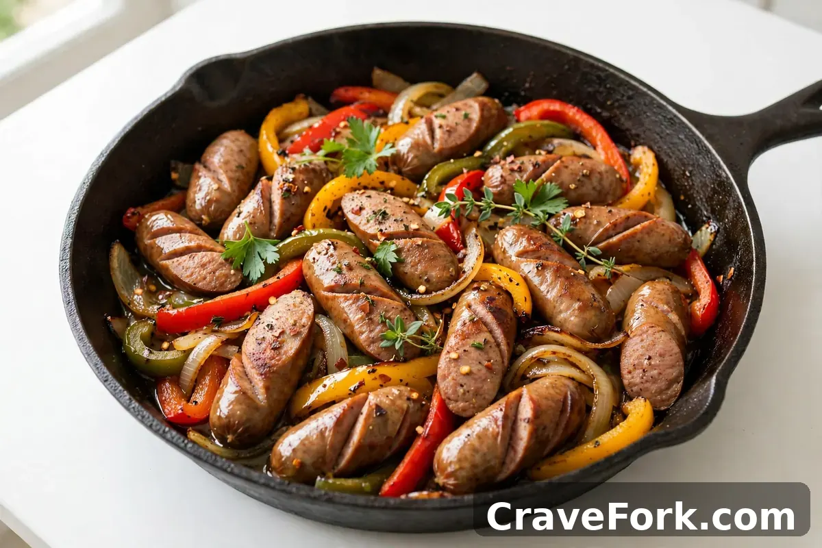 Sausage and peppers skillet with sliced sausages, bell peppers and onions.